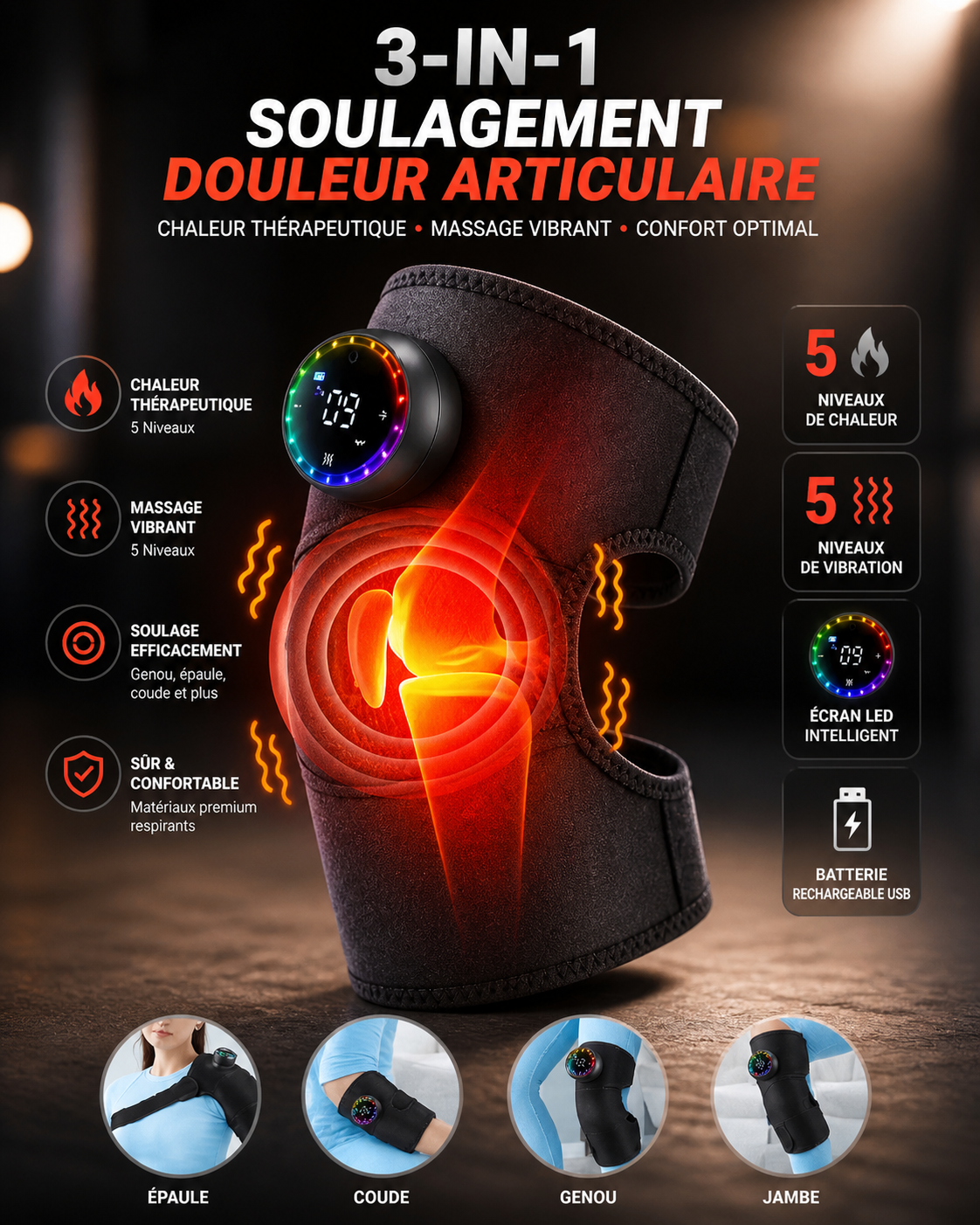 MASSEUR CHAUFFANT ÉLECTRIQUE POUR GENOUX, COUDE, ÉPAULE - Dites adieu aux douleurs, bonjour au confort