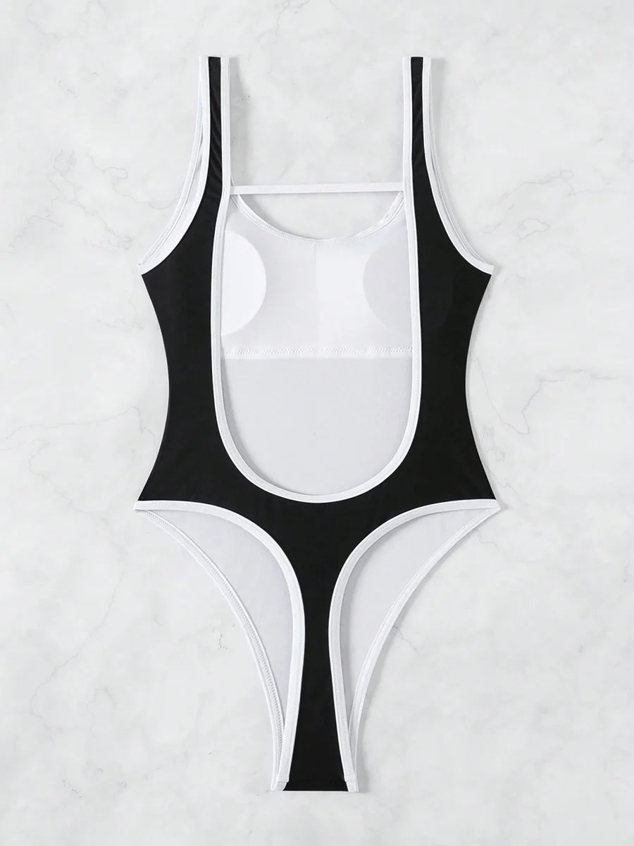 2026 Splicing Backless Women Thong Swimwear One Piece Swimsuit Female Monokini High Cut Leg Bather Bathing Suit Swim Beach Wear