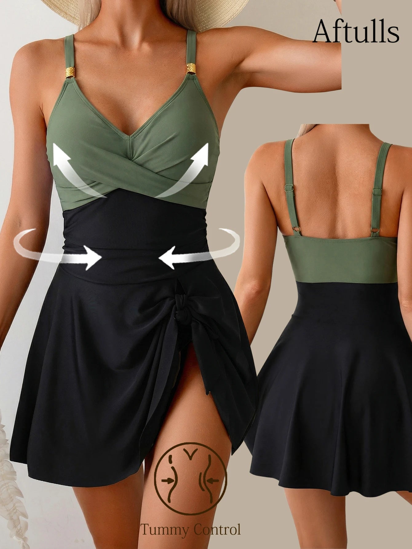 Stitched Color Women'S One-Piece Swimsuit Sexy Revealing Back Cross Strap Adjustable Swimwear Bodysuit Skirt Swimming Beach Wear