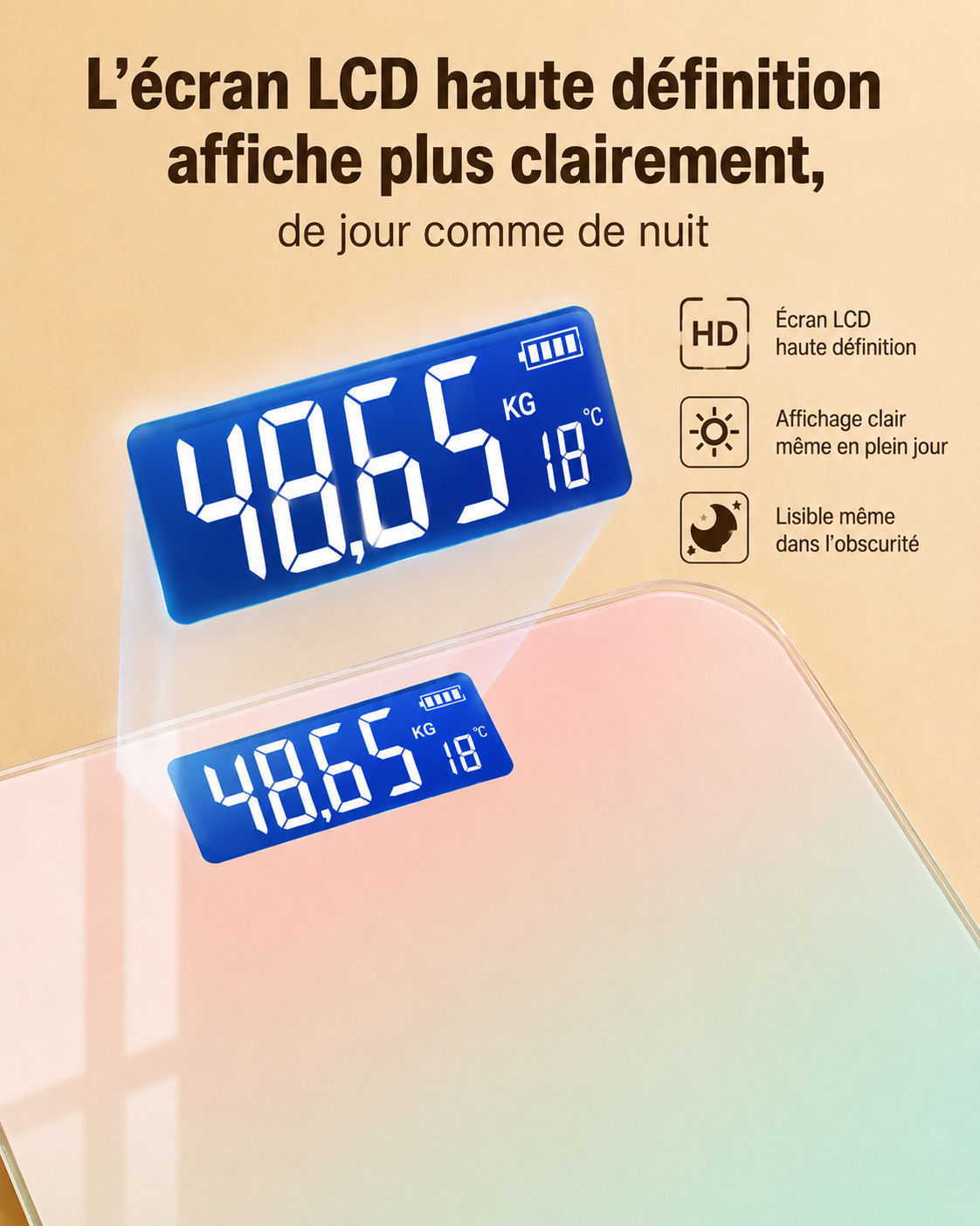 BALANCE CONNECTÉE EN VERRE AVEC ÉCRAN LCD -  Contrôlez votre poids en un instant.
