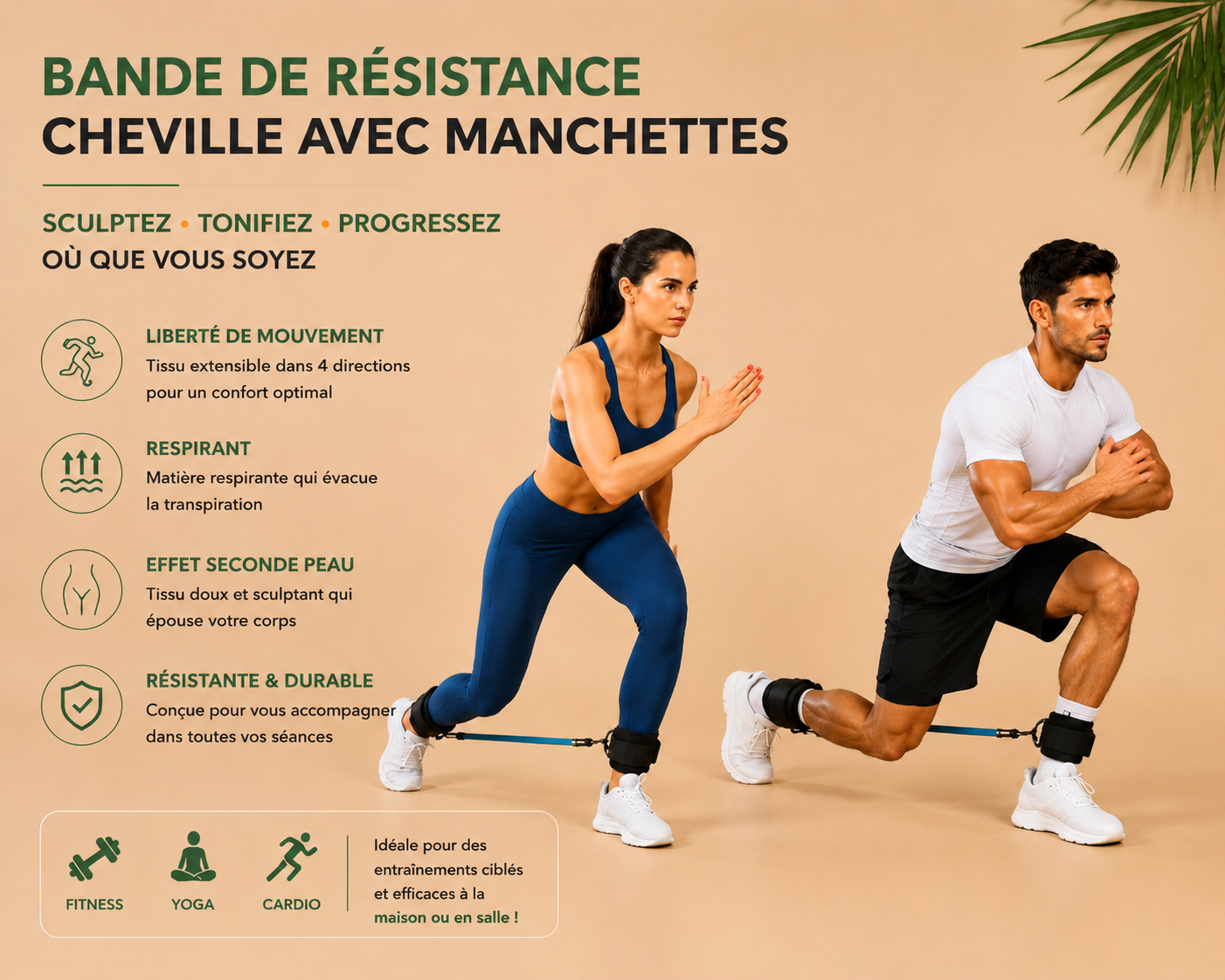 ENSEMBLE DE BANDES DE RÉSISTANCE AVEC SANGLES DE CHEVILLE - Tonifiez, renforcez et progressez à votre rythme.