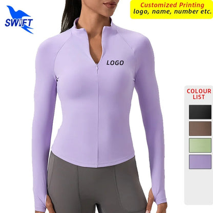 Customize LOGO Women Half Zipper Yoga Shirts Long Sleeve Fitness Running Gym T-Shirts Workout Quick Dry High Elastic Sports Tops