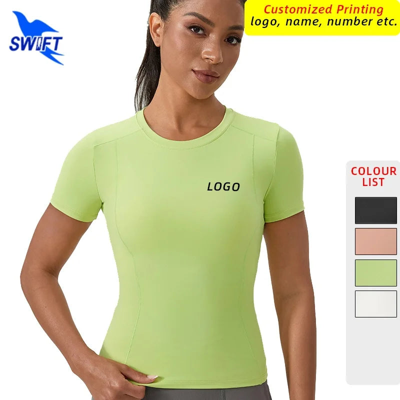 Customize LOGO Women Compression Shirts Short Sleeve Athletic Yoga Running T-Shirt Gym Workout Quick Dry Stretchy Tees Tops
