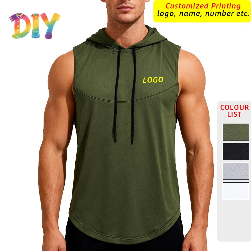 Custom LOGO Quick Dry Sleeveless Hoodies Men Hooded Running Shirts Sports Training Workout Sportswear Vest Gym Fitness Tank Tops