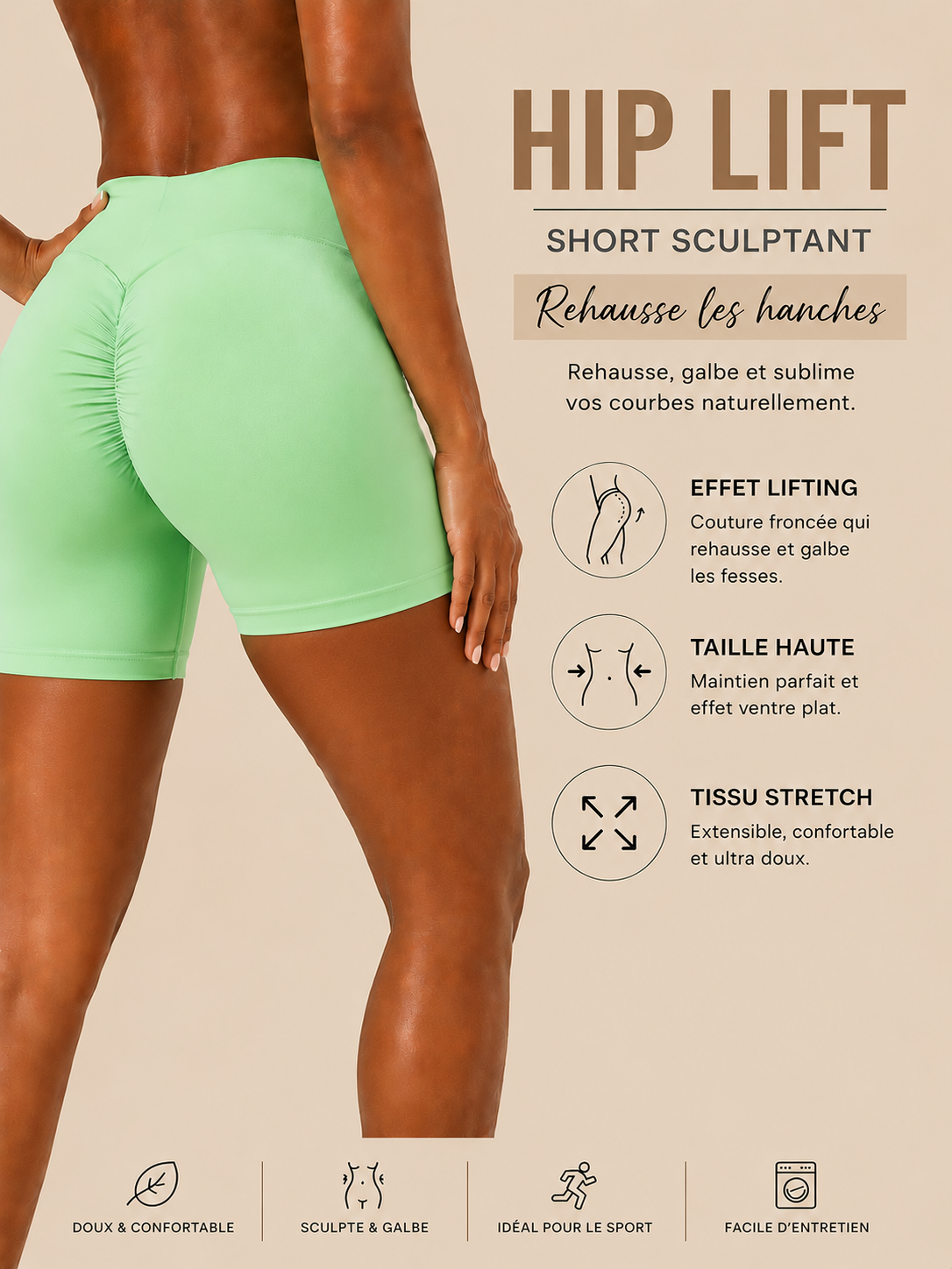 SHORT DE SPORT POUR FEMME, TAILLE HAUTE - Confort seconde peau • Effet galbant ✨