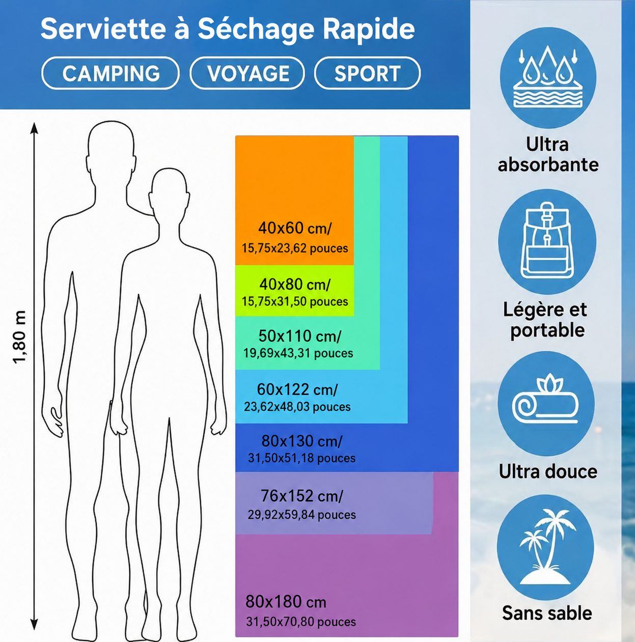 SERVIETTE EN MICROFIBRE, SÉCHAGE RAPIDE - Parfaite pour vos entraînements