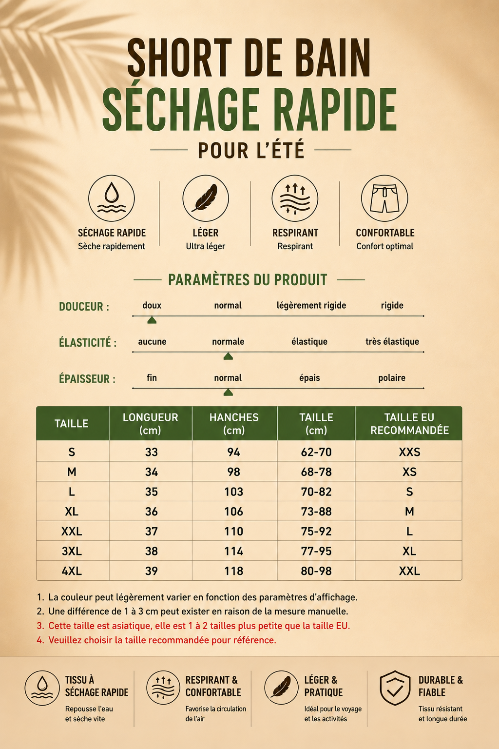 SHORT DE BAIN HOMME À SÉCHAGE RAPIDE – Confort & Performance
Le compagnon idéal pour la plage, le sport et toutes vos aventures estivales.