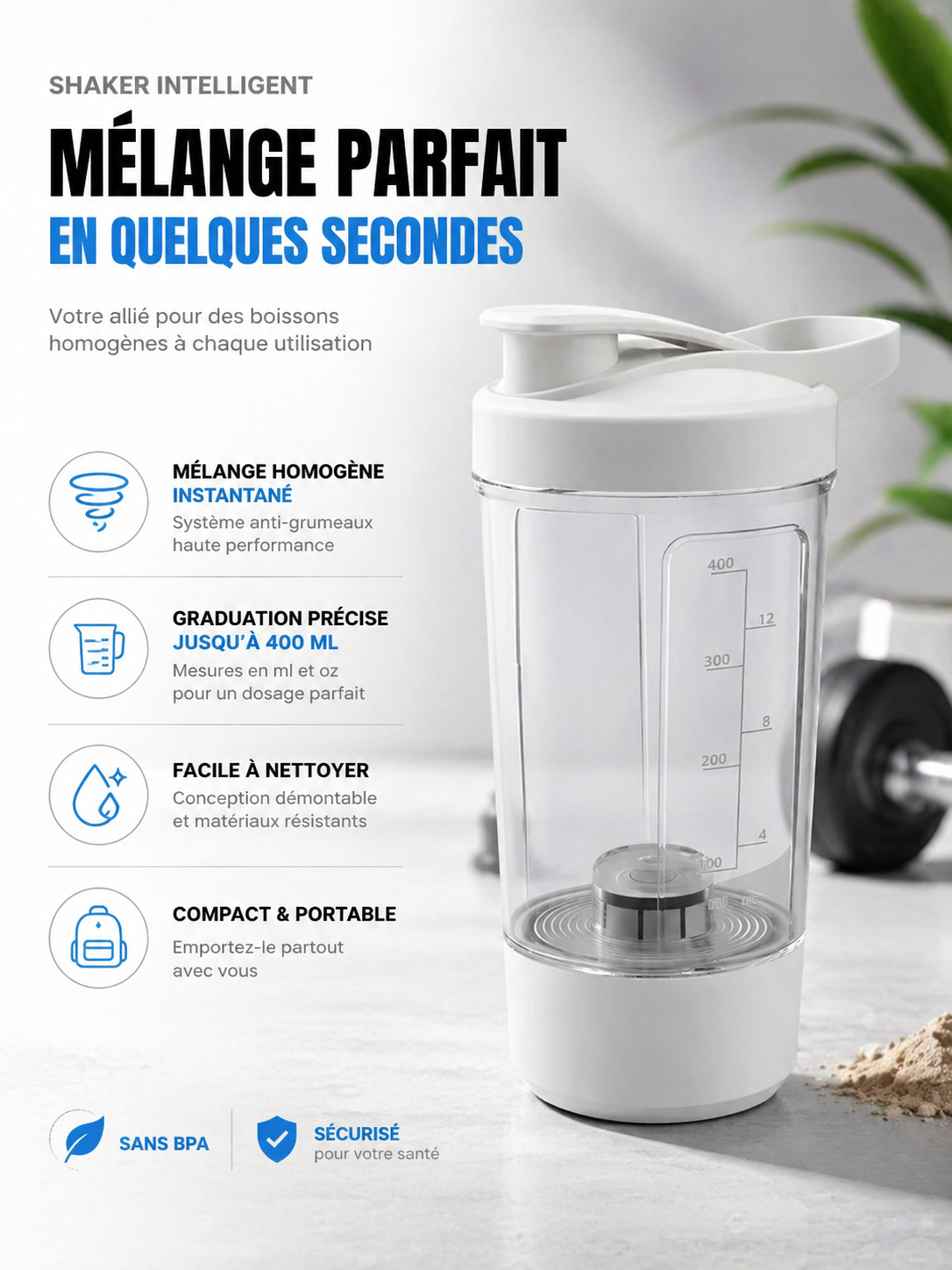 BOUTEILLE DE SHAKER POUR PROTÉINES ÉLECTRIQUE PORTABLE  - Votre allié fitness, du shake au résultat