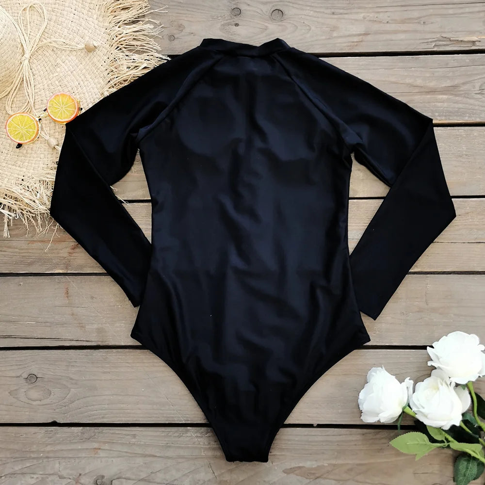 2026 Surfing Sport Swimsuit Long Sleeves Women One Piece Swimsuit Swimwear Solid Monokini Bathing Suit Tropical Bodysuit Female