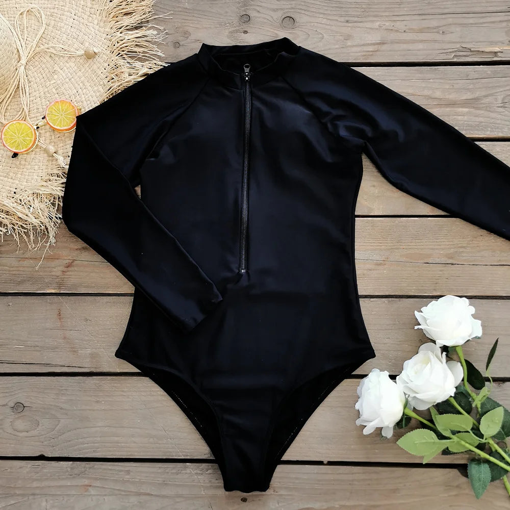 2026 Surfing Sport Swimsuit Long Sleeves Women One Piece Swimsuit Swimwear Solid Monokini Bathing Suit Tropical Bodysuit Female