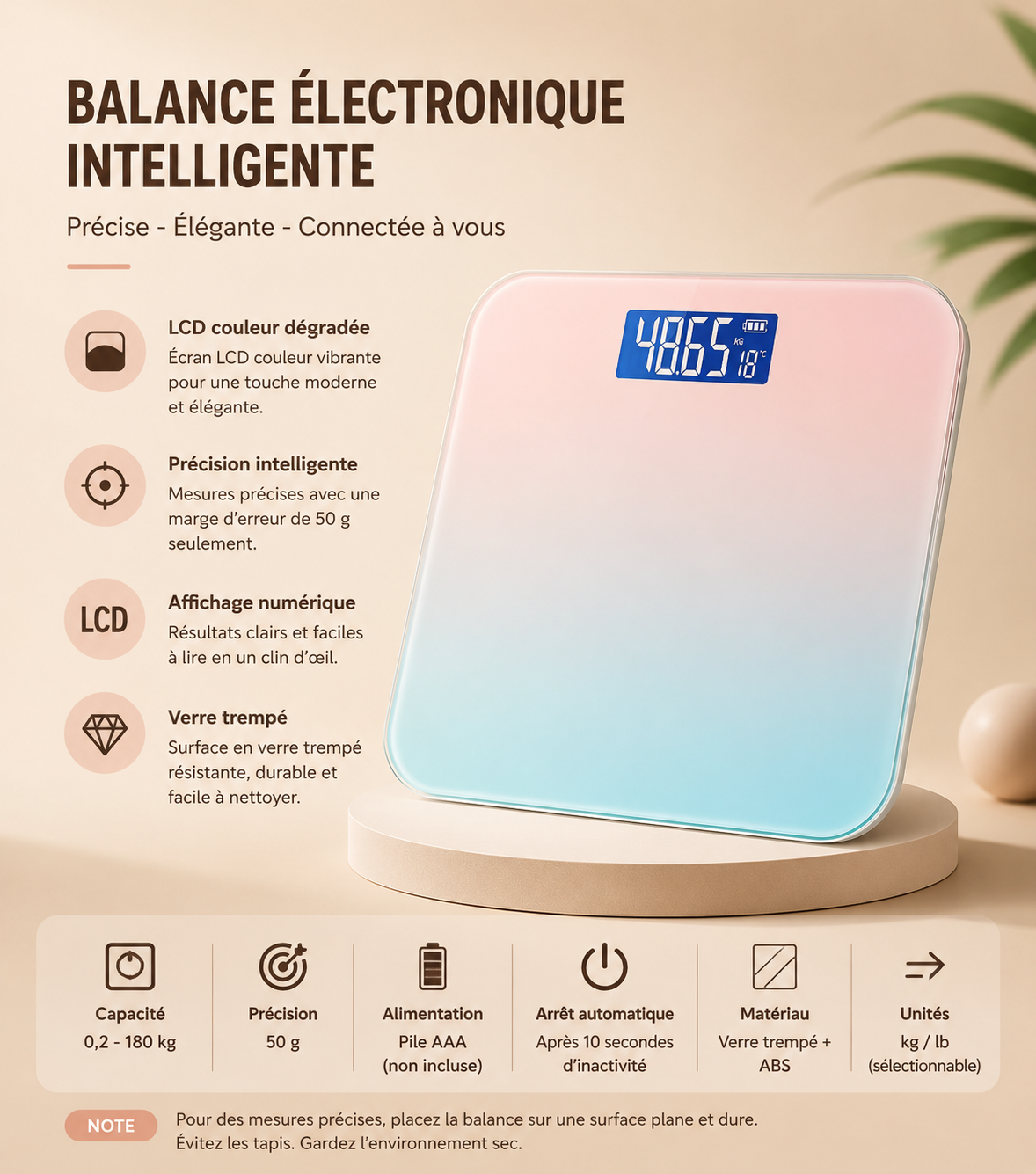 BALANCE CONNECTÉE EN VERRE AVEC ÉCRAN LCD -  Contrôlez votre poids en un instant.