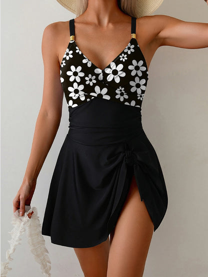 Stitched Color Women'S One-Piece Swimsuit Sexy Revealing Back Cross Strap Adjustable Swimwear Bodysuit Skirt Swimming Beach Wear