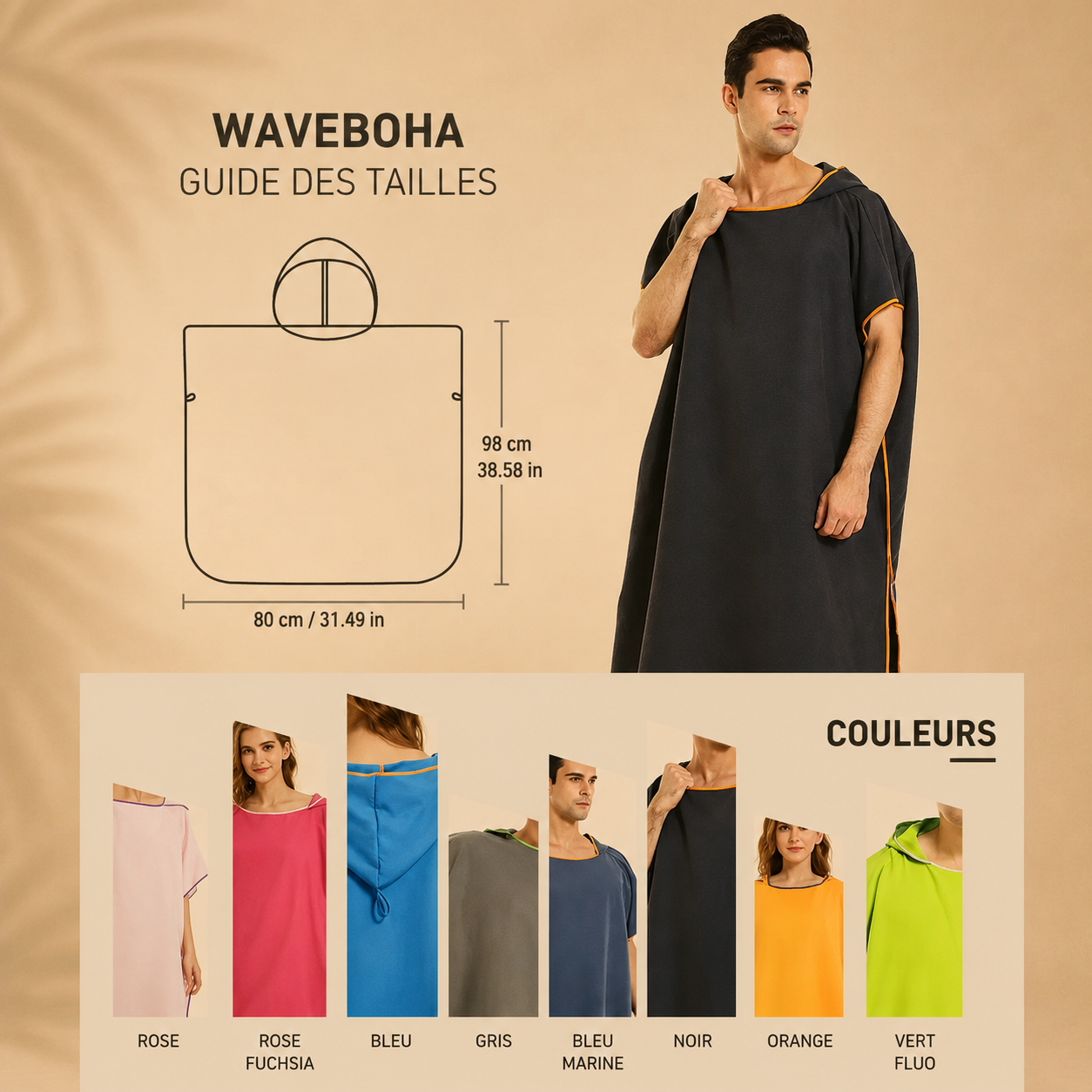 Pancho à capuche en microfibre pour la natation, plage, surf. Changer vous sans être vu et en toute sécurité