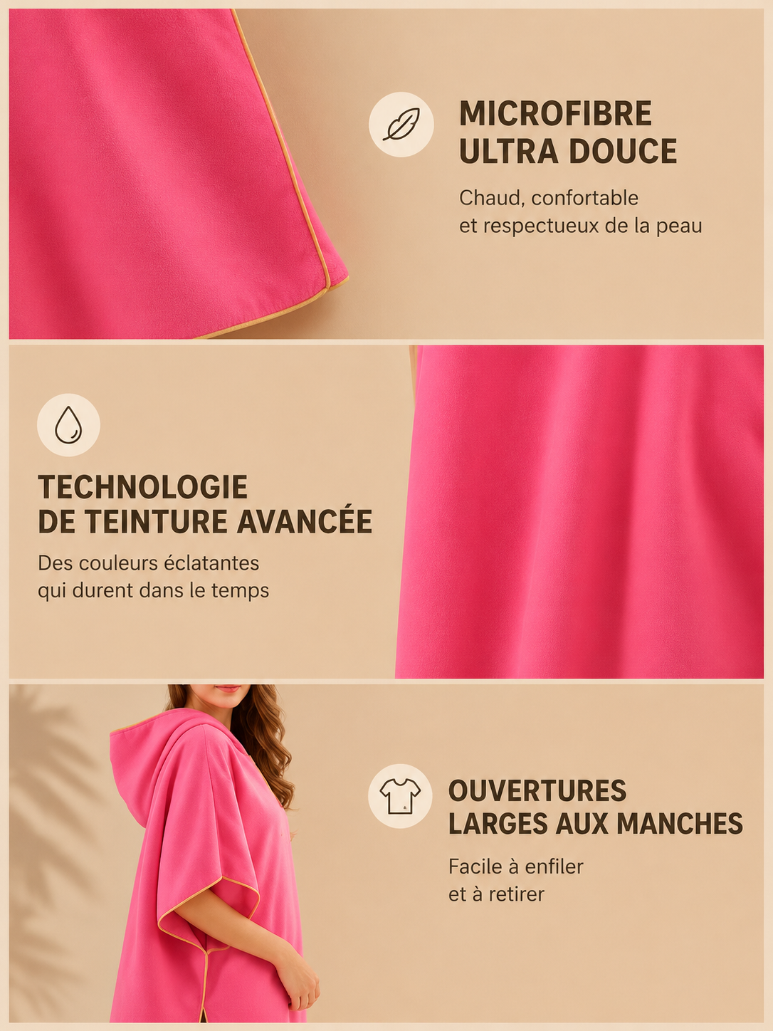 Pancho à capuche en microfibre pour la natation, plage, surf. Changer vous sans être vu et en toute sécurité